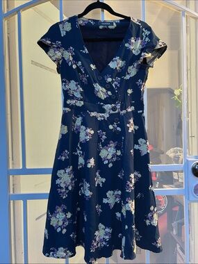 Floral Navy V-Neck Button-Front Women's Dress